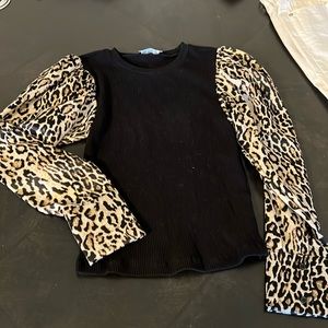 Black Zara top with flowy cheetah satin sleeves